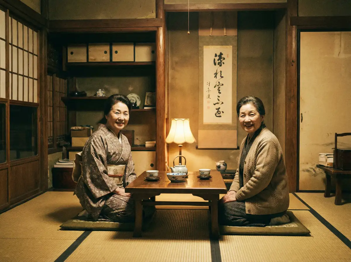 两位优雅的 saba体育平台 在日式茶室中品茶交谈
